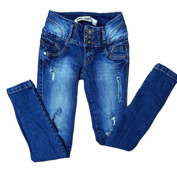 Womens Skinny Ripped Jeans Size 30 Blue Mid Rise Stretch Ankle Buttons - Picture 2 of 16